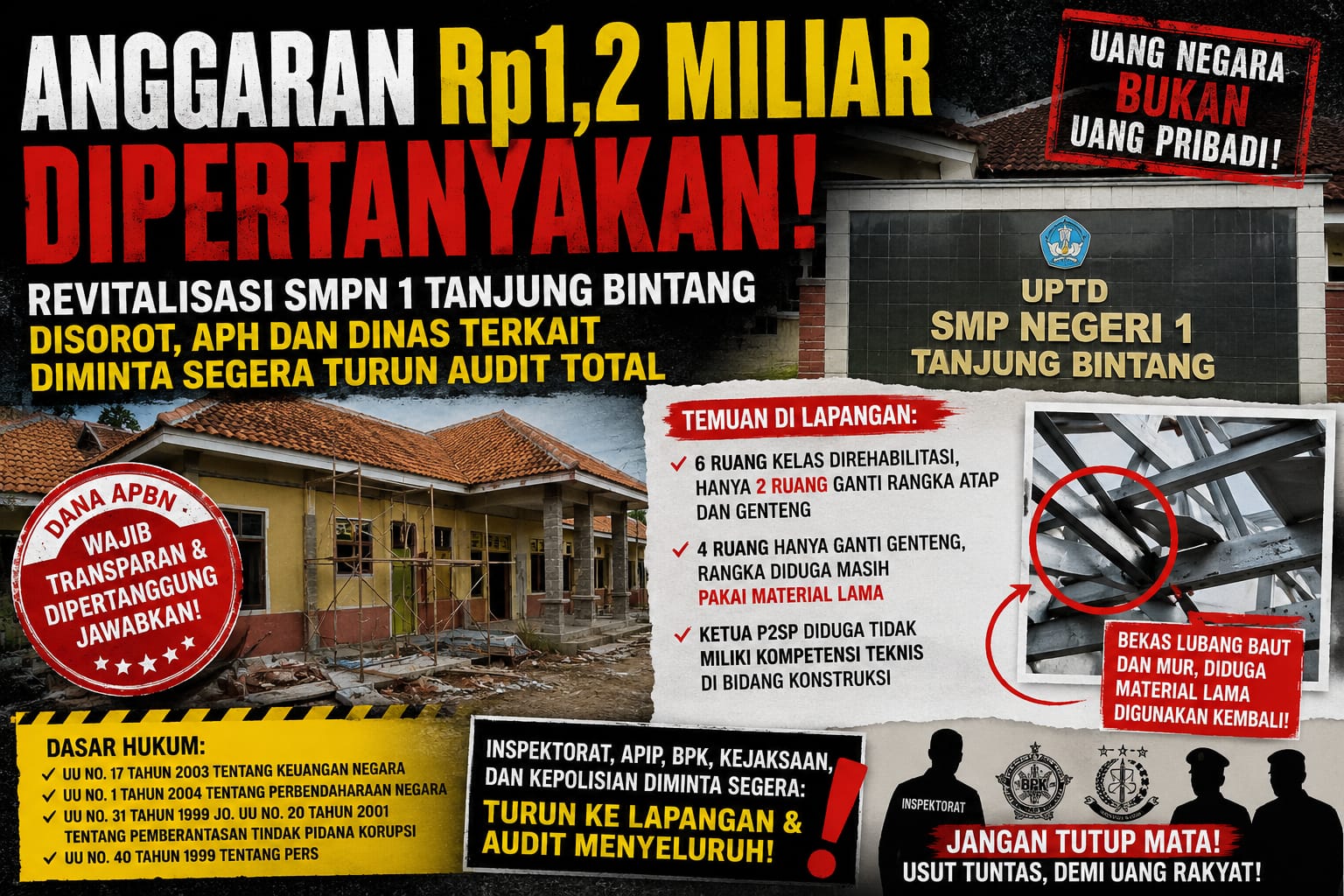 Temuan Pemantauan Proyek Rehabilitasi SMPN 1 Tanjung Bintang Picu Dorongan Pemeriksaan Teknis